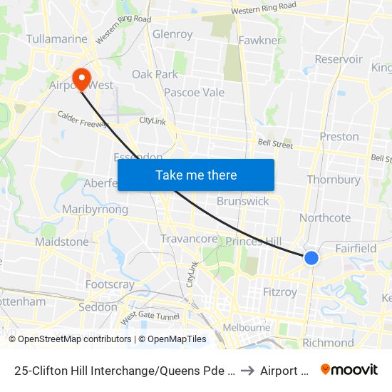 25-Clifton Hill Interchange/Queens Pde (Clifton Hill) to Airport West map