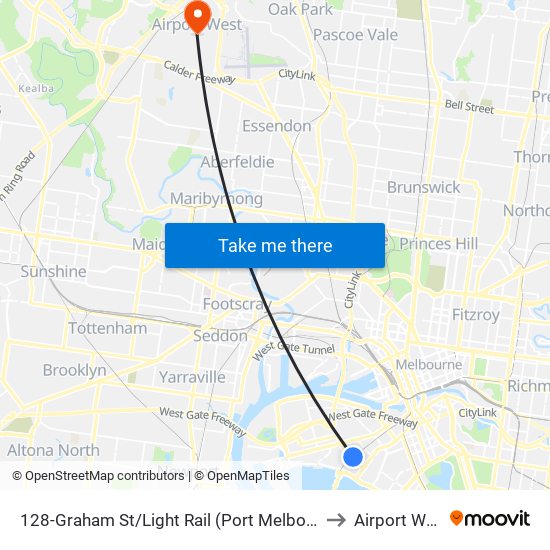 128-Graham St/Light Rail (Port Melbourne) to Airport West map