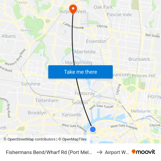 Fishermans Bend/Wharf Rd to Airport West map