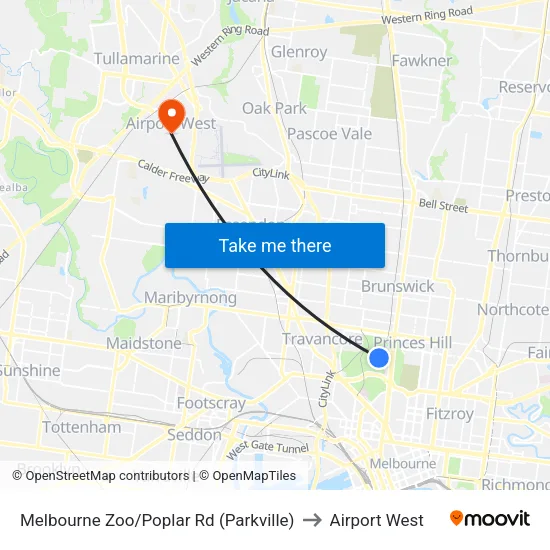 Melbourne Zoo/Poplar Rd to Airport West map