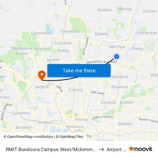 RMIT Bundoora Campus West/Mckimmies Rd (Mill Park) to Airport West map