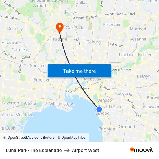 Luna Park/The Esplanade to Airport West map