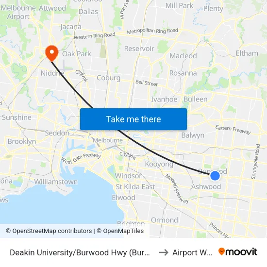 Deakin University/Burwood Hwy to Airport West map