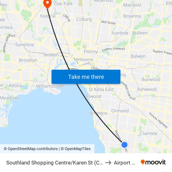 Southland Shopping Centre/Karen St (Cheltenham) to Airport West map