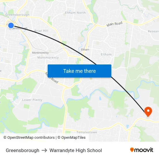 Greensborough to Warrandyte High School map