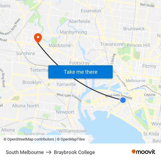 South Melbourne to Braybrook College map