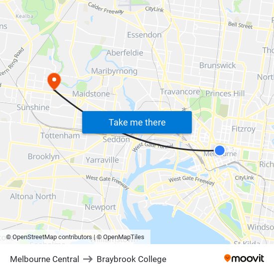 Melbourne Central to Braybrook College map