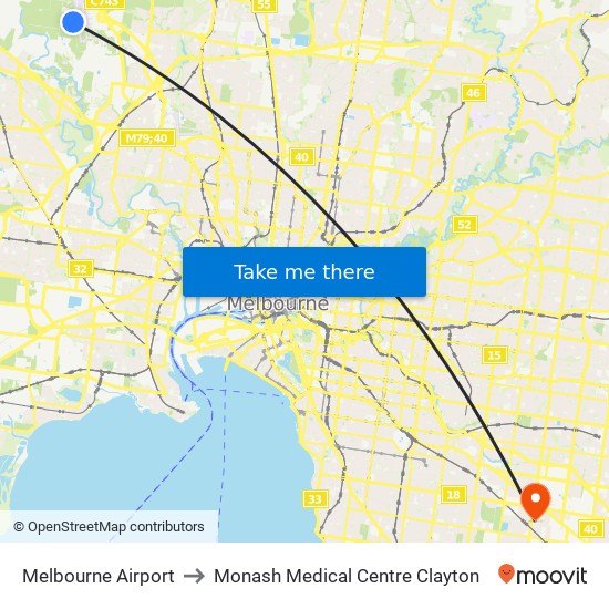 Melbourne Airport to Monash Medical Centre Clayton map