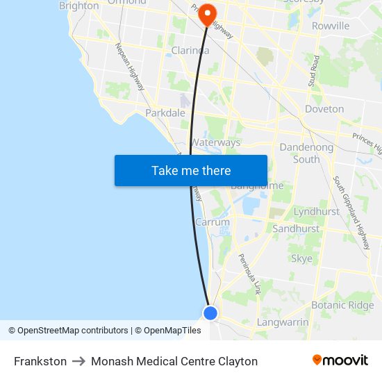 Frankston to Monash Medical Centre Clayton map