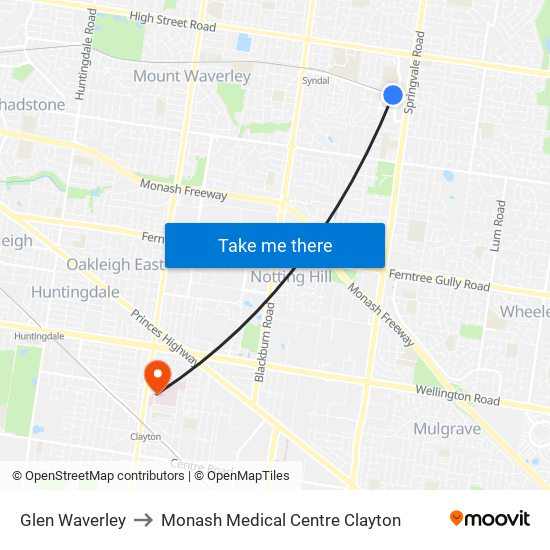 Glen Waverley to Monash Medical Centre Clayton map