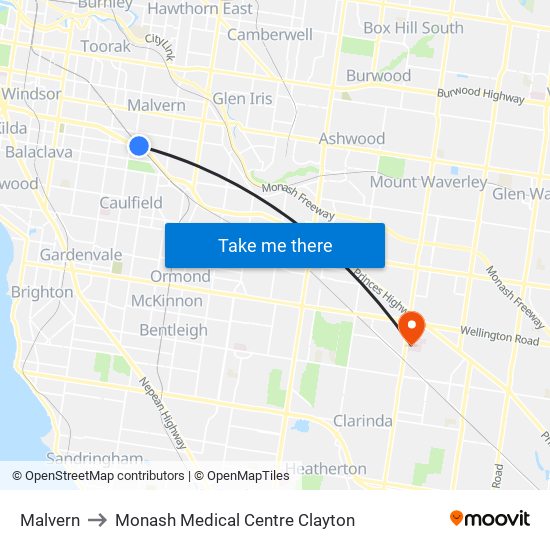 Malvern to Monash Medical Centre Clayton map