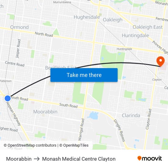 Moorabbin to Monash Medical Centre Clayton map