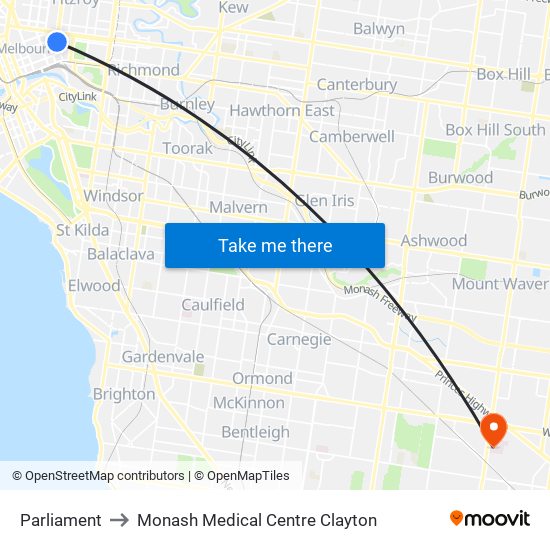 Parliament to Monash Medical Centre Clayton map