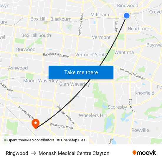 Ringwood to Monash Medical Centre Clayton map