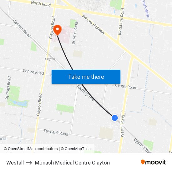 Westall to Monash Medical Centre Clayton map