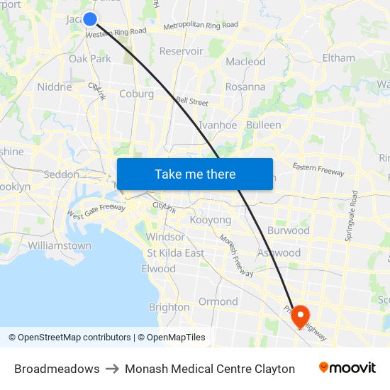 Broadmeadows to Monash Medical Centre Clayton map