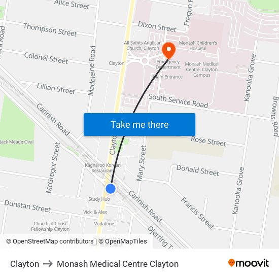 Clayton to Monash Medical Centre Clayton map