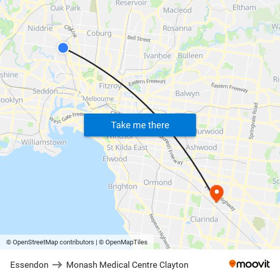 Essendon to Monash Medical Centre Clayton map