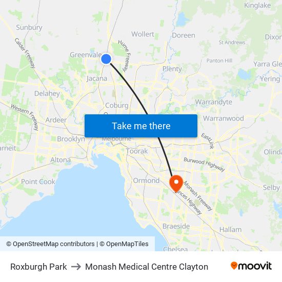 Roxburgh Park to Monash Medical Centre Clayton map