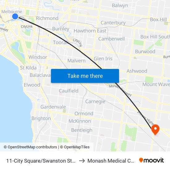 11-City Square/Swanston St (Melbourne City) to Monash Medical Centre Clayton map