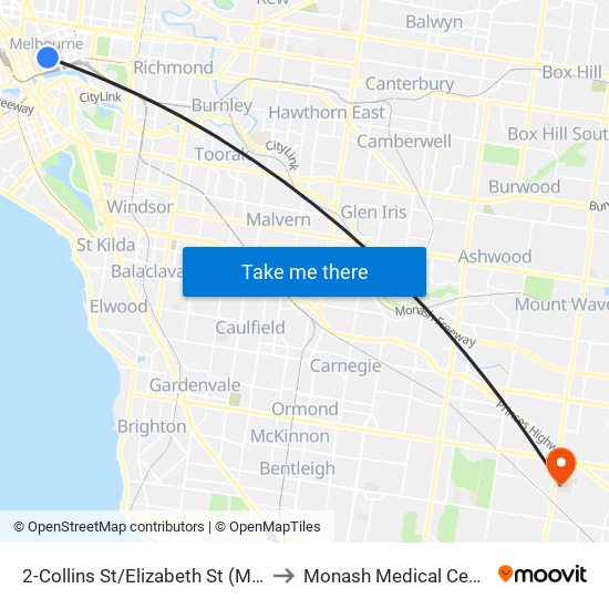 2-Collins St/Elizabeth St (Melbourne City) to Monash Medical Centre Clayton map