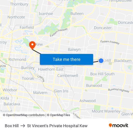 Box Hill to St Vincent's Private Hospital Kew map