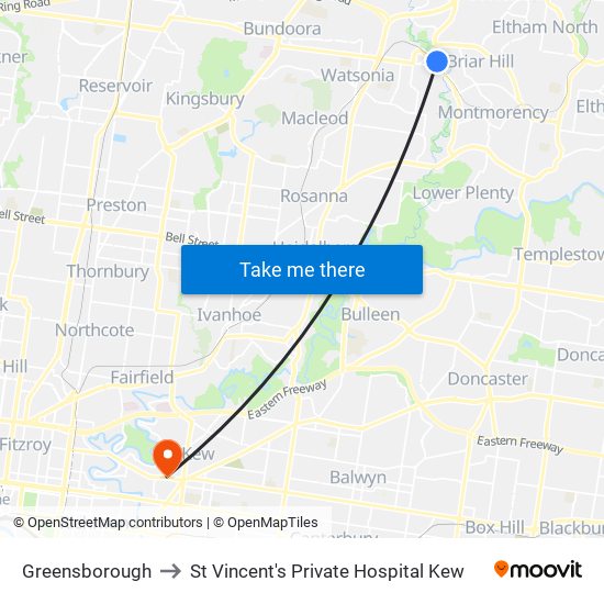 Greensborough to St Vincent's Private Hospital Kew map