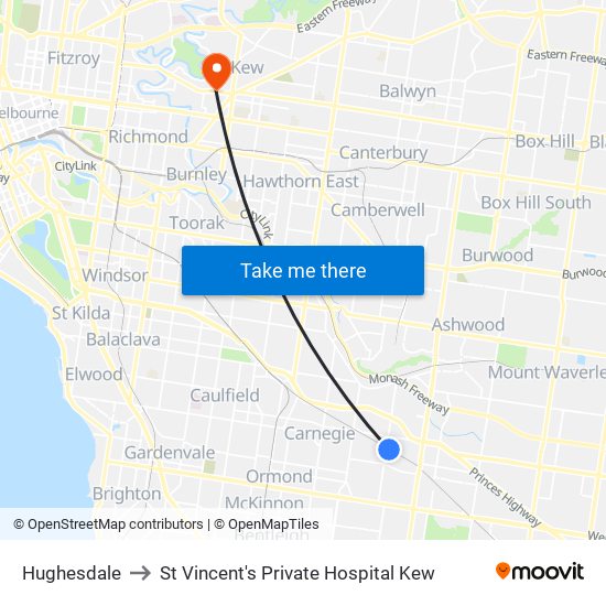 Hughesdale to St Vincent's Private Hospital Kew map