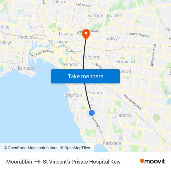 Moorabbin to St Vincent's Private Hospital Kew map