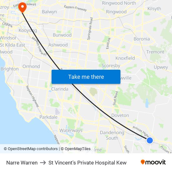 Narre Warren to St Vincent's Private Hospital Kew map