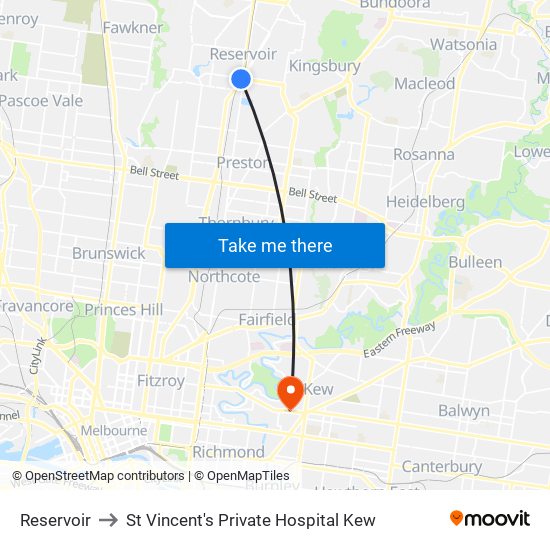 Reservoir to St Vincent's Private Hospital Kew map