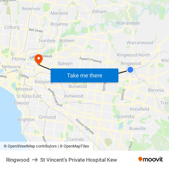 Ringwood to St Vincent's Private Hospital Kew map