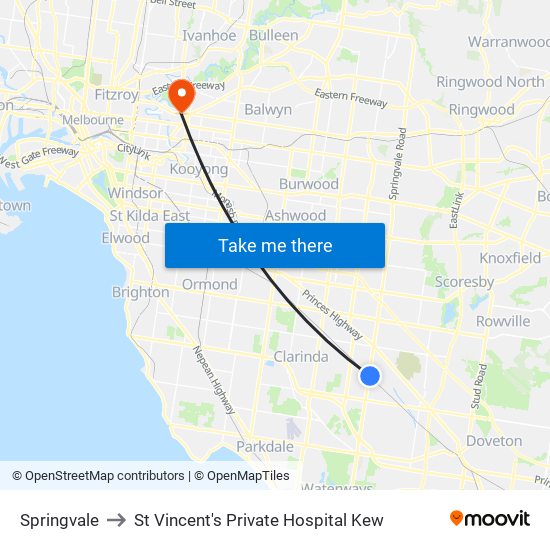 Springvale to St Vincent's Private Hospital Kew map