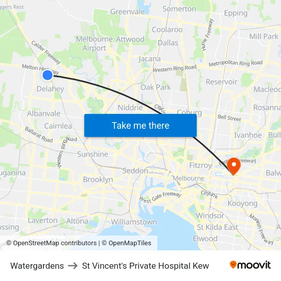 Watergardens to St Vincent's Private Hospital Kew map