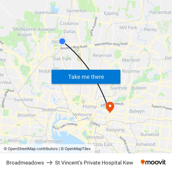 Broadmeadows to St Vincent's Private Hospital Kew map