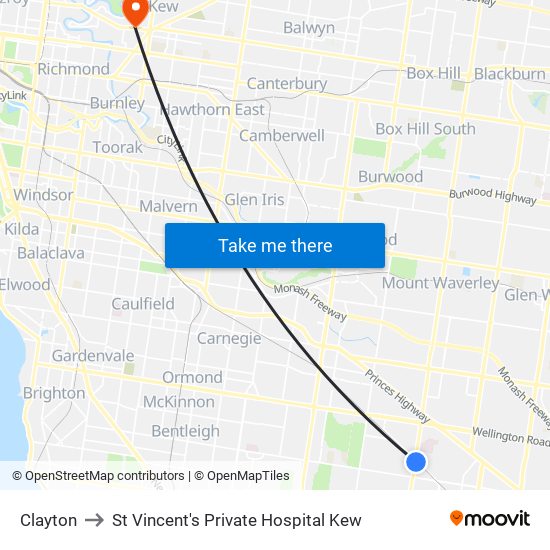 Clayton to St Vincent's Private Hospital Kew map