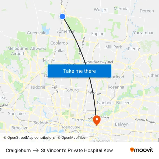 Craigieburn to St Vincent's Private Hospital Kew map