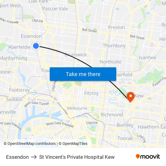 Essendon to St Vincent's Private Hospital Kew map