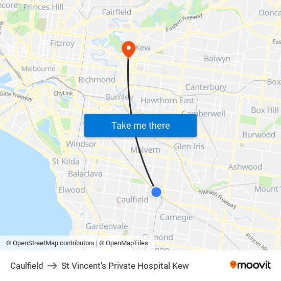 Caulfield to St Vincent's Private Hospital Kew map