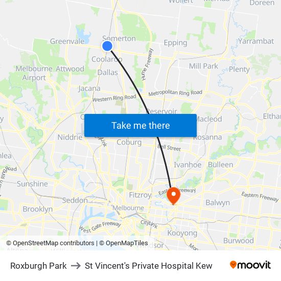 Roxburgh Park to St Vincent's Private Hospital Kew map