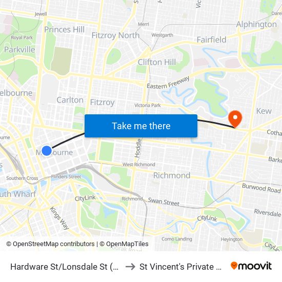 Hardware St/Lonsdale St (Melbourne City) to St Vincent's Private Hospital Kew map