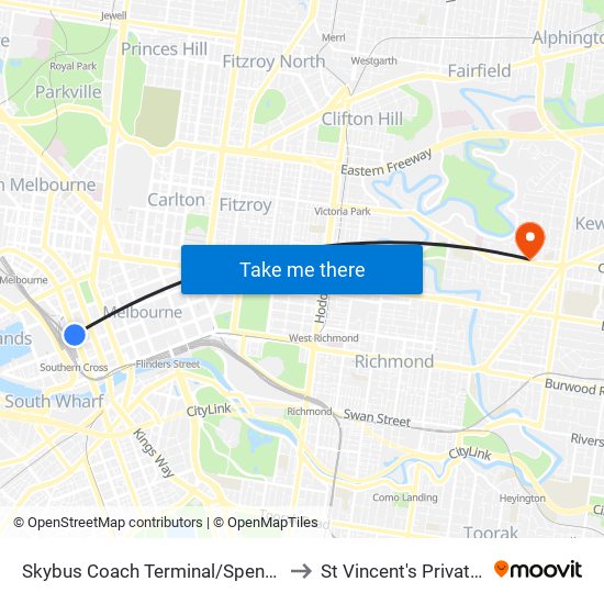 Skybus Coach Terminal/Spencer St (Melbourne City) to St Vincent's Private Hospital Kew map