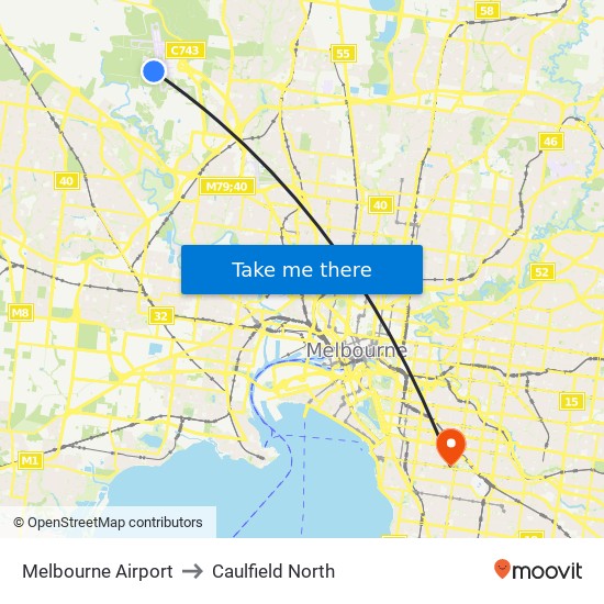 Melbourne Airport to Caulfield North map