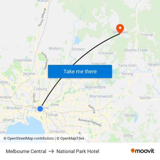 Melbourne Central to National Park Hotel map