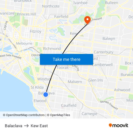 Balaclava to Kew East map