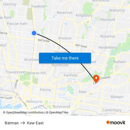 Batman to Kew East map