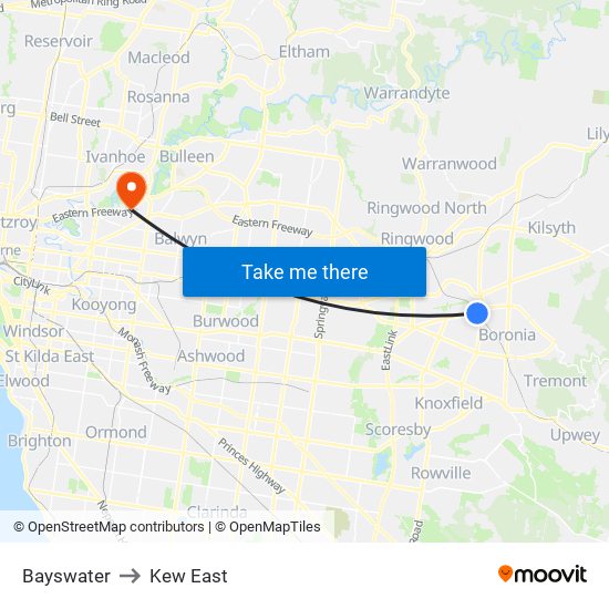 Bayswater to Kew East map