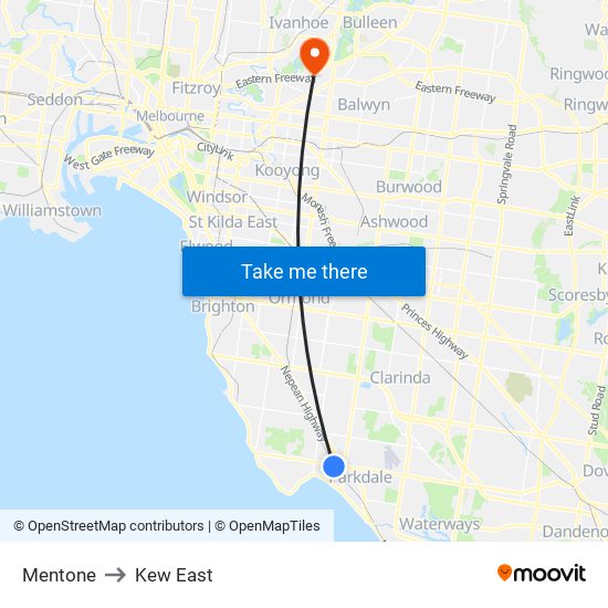 Mentone to Kew East map