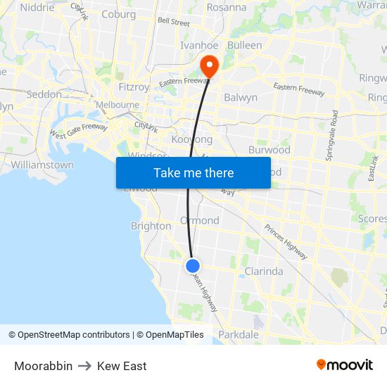 Moorabbin to Kew East map