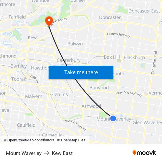 Mount Waverley to Kew East map
